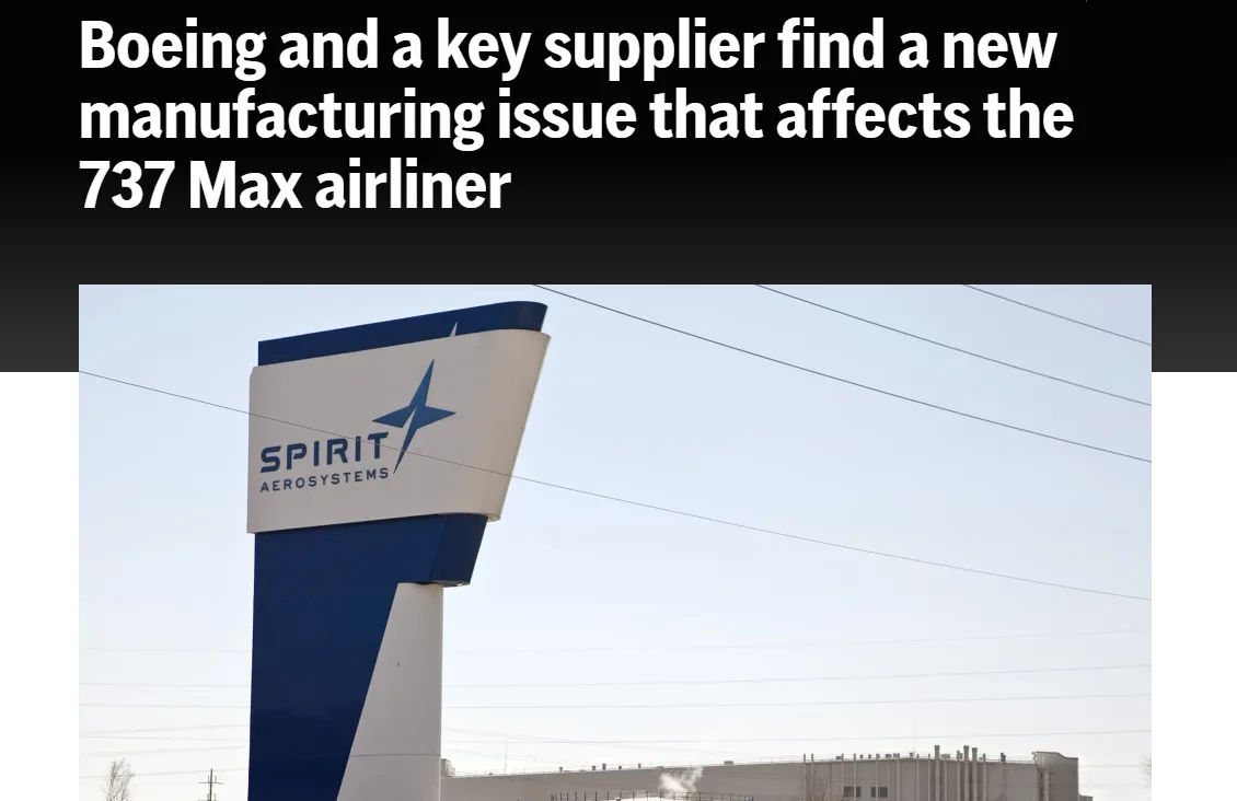 screenshot of a news article on how Boeing faced major production delays due to a supplier