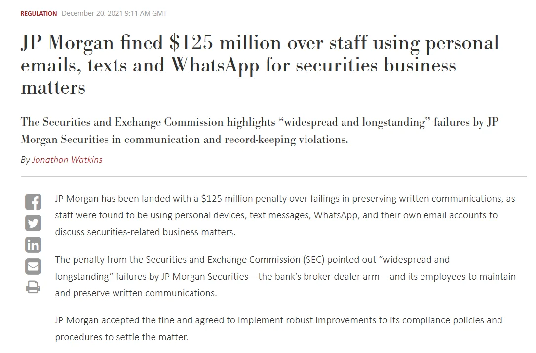 screenshot of a news article on how JP Morgan Securities was fined by the SEC for failing to preserve required business communications