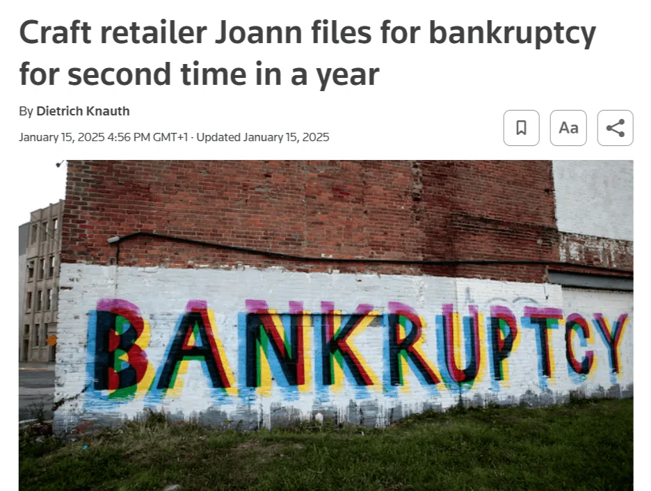 screenshot of a news article about how joann filed for bankruptcy