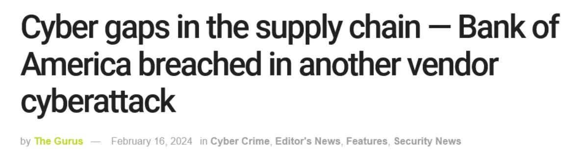 screenshot of a news article headline on a bank of america cyber attack
