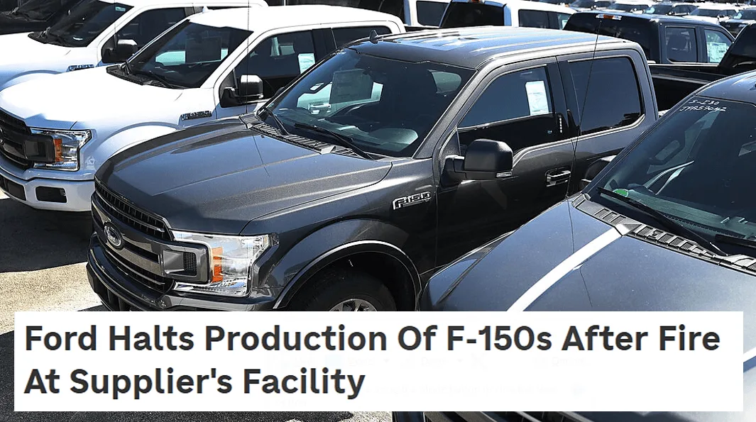 screenshot of a news article on a fire at a key supplier’s factory for ford