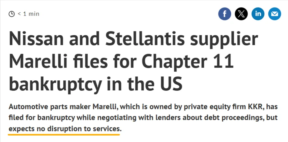 screenshot of a news article on how a supplier filed for bankruptcy