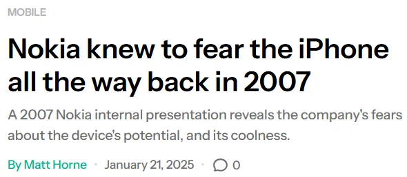 screenshot of a news article on how nokia didn't follow the market shift when iphone came out