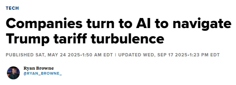 screenshot of a news article headline on how companies are using ai to navigate tariff issues