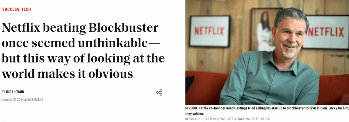 screenshot of a news article headline on how netflix beat blockbuster