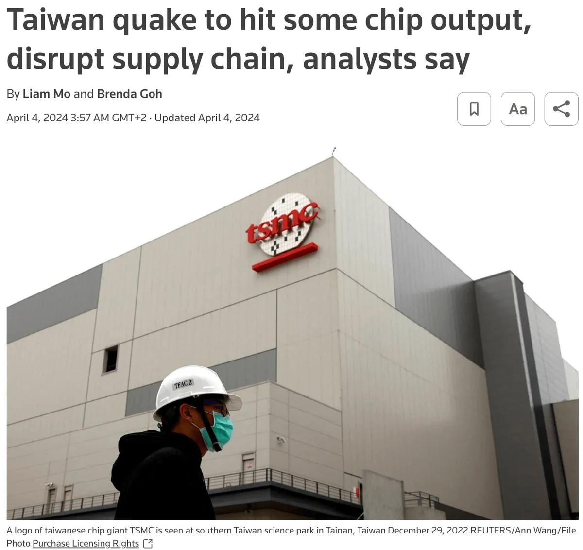 screenshot of a news article headline about a taiwan earthquake