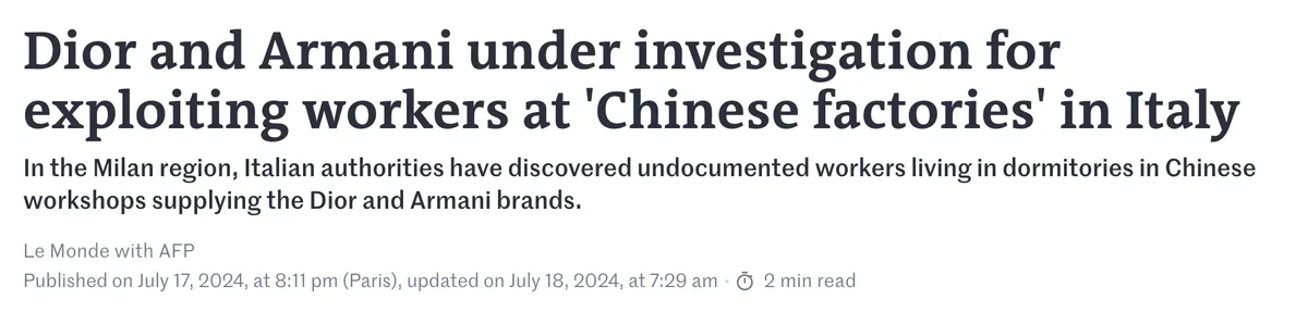 screenshot of a news article about an alleged labor exploitation by luxury brands