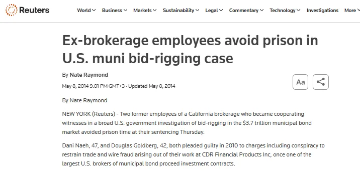 screenshot of a news article on a case of municipal bond fraud