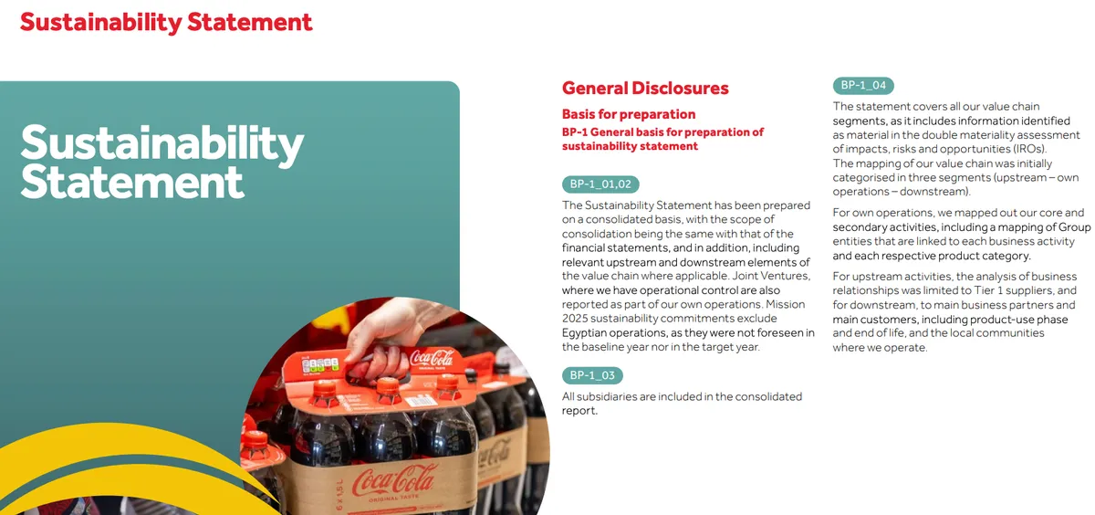 screenshot of the coca cola sustainability statement