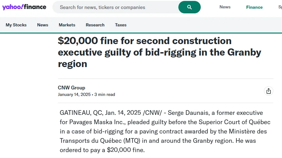 screenshot of a news article on paving companies that coordinated who would win each contract and split the work afterward