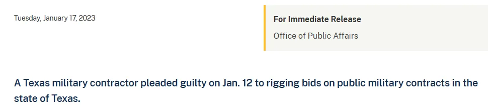 screenshot of an article about how contractors in Texas submitted sham quotes to ensure a predetermined winner
