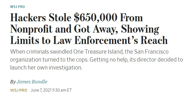 screenshot of a news article on how hackers stole money from a non profit organization