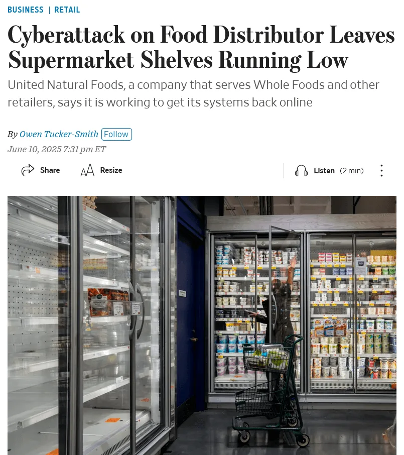 screenshot of a news article about a cyberattack on United Natural Foods