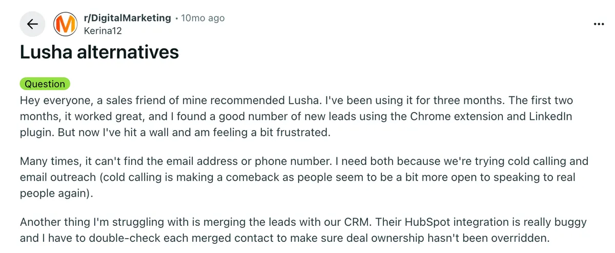 screenshot of a reddit post on lusha alternatives