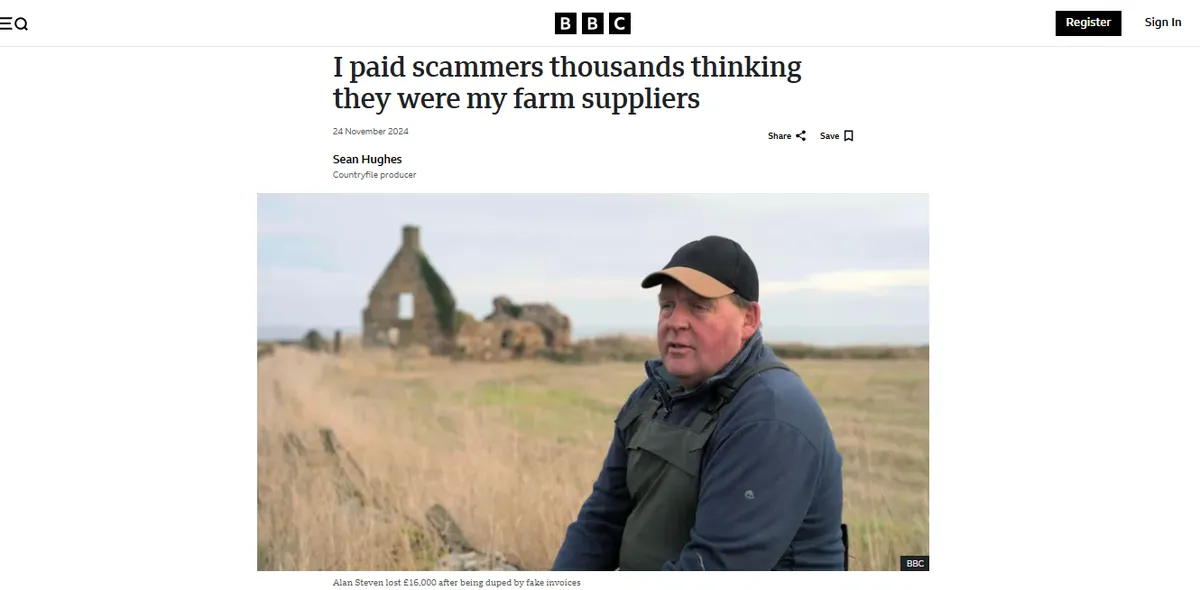 screenshot of a news article on how a farmer got scammed by a fake vendor
