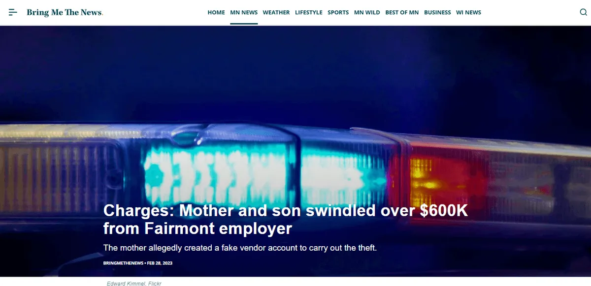 screenshot of a news article on how a trucking brokerage firm in Fairmont experienced fraud