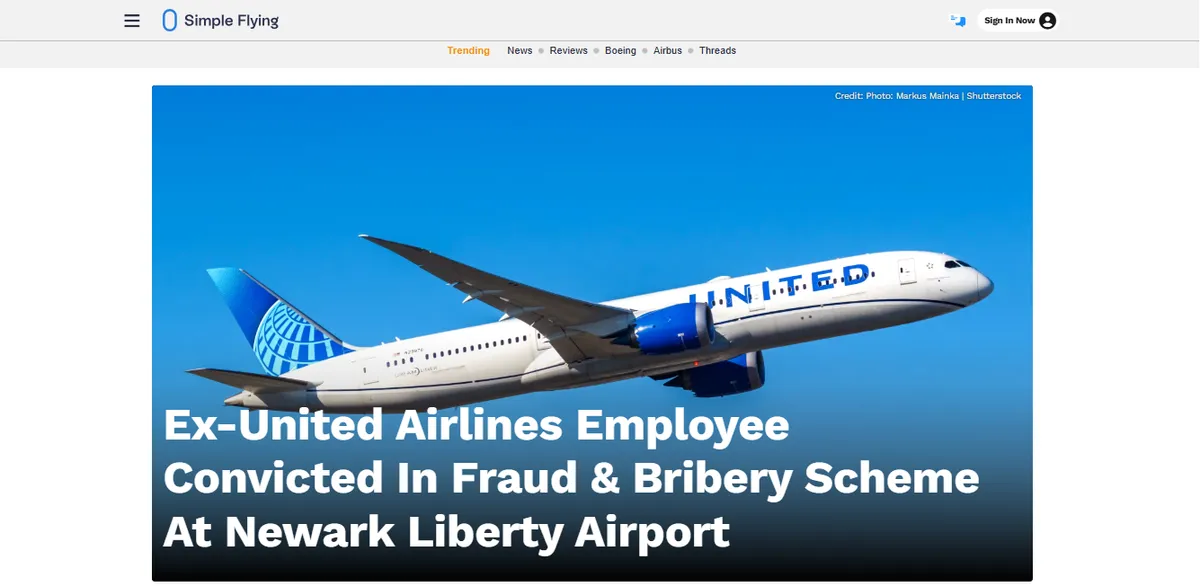 screenshot of a news article on United Airlines’ Newark Liberty International Airport fraud case