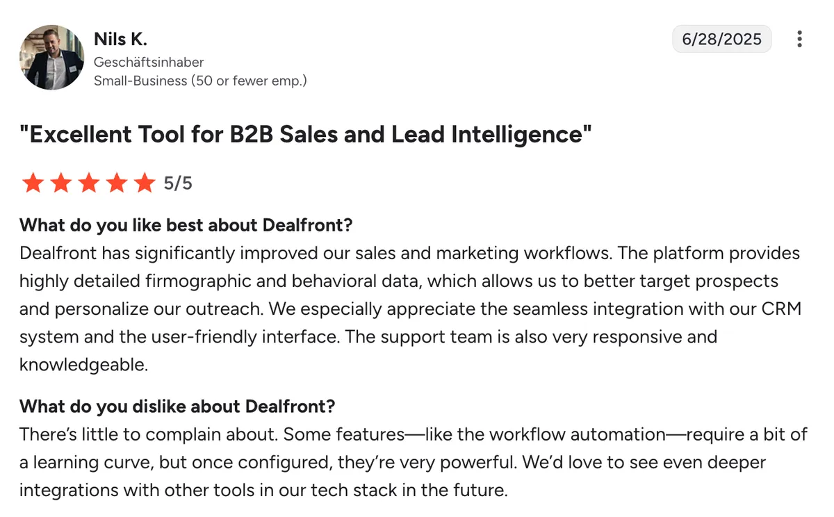 dealfront review screenshot