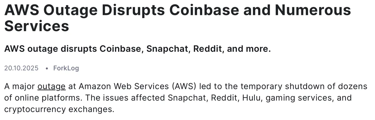 AWS outage affecting Coinbase and online services news screenshot