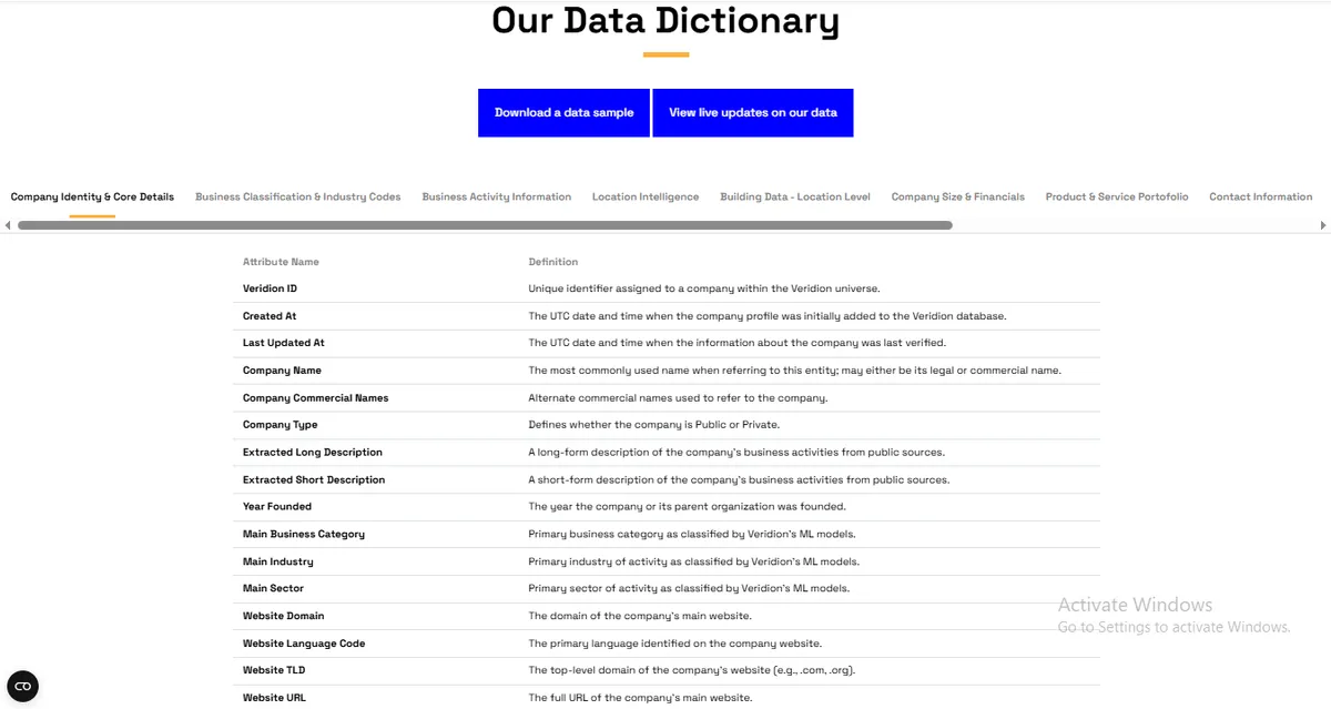 veridion data dictionary screenshot