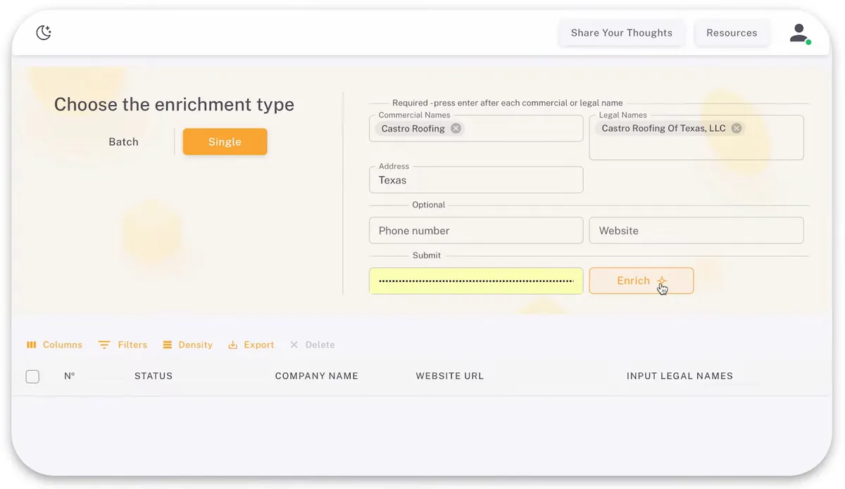 Veridion dashboard