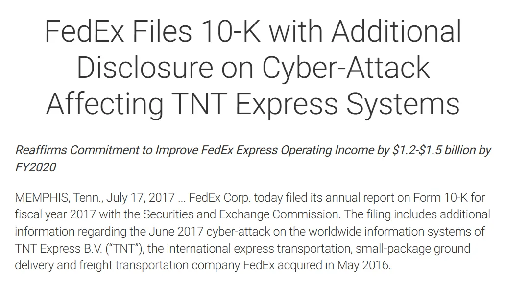 screenshot of a news article showing how fedex handled a cyberattack