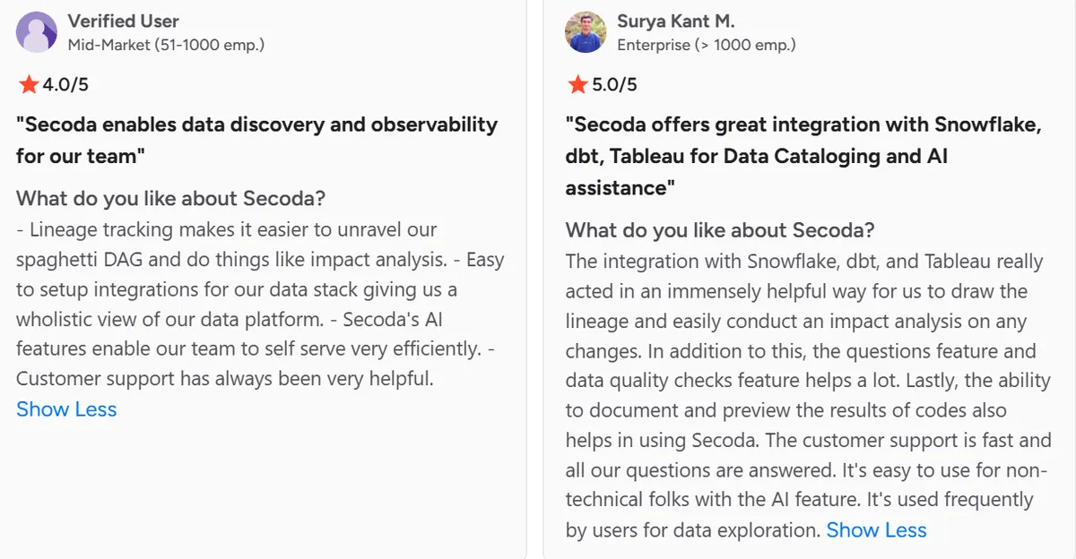 screenshot of secoda reviews