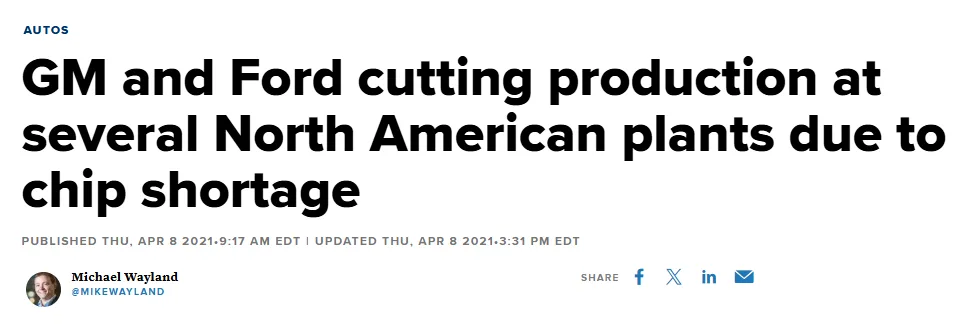 GM and Ford cutting production at several North American plants due to chip shortage news article headline