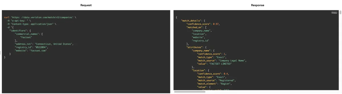 Veridion company matching API -request & response