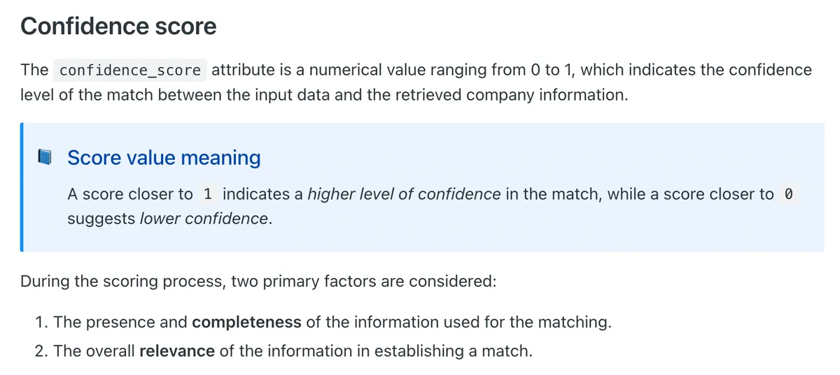 Explanation of confidence score ranging from 0 to 1 based on match completeness and relevance