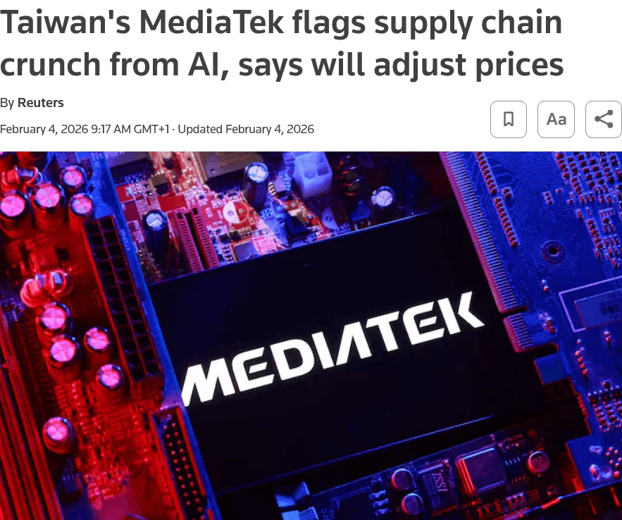 Taiwan's MediaTek flags supply chain crunch from AI, says will adjust prices news article headline
