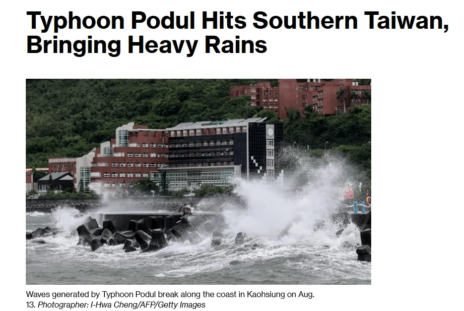 Typhoon Podul waves hitting the coast in southern Taiwan, causing heavy rain and flooding risks news article headline