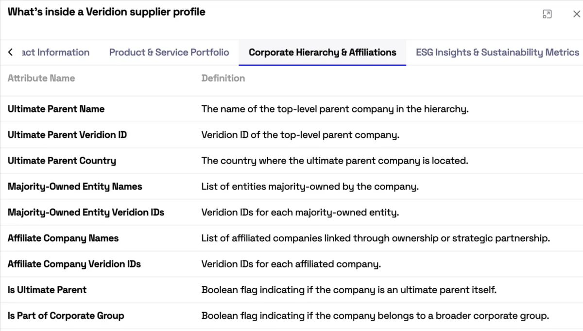 Veridion dashboard