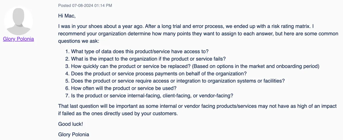 Forum post explaining a supplier risk rating matrix and key questions for assessing vendor risk