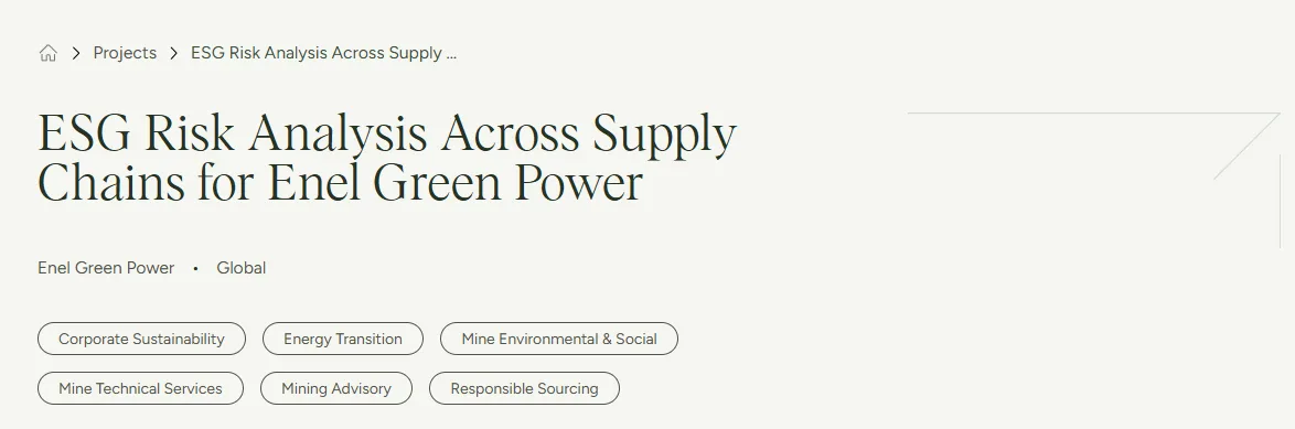 Project page titled “ESG Risk Analysis Across Supply Chains for Enel Green Power” with sustainability and sourcing tags