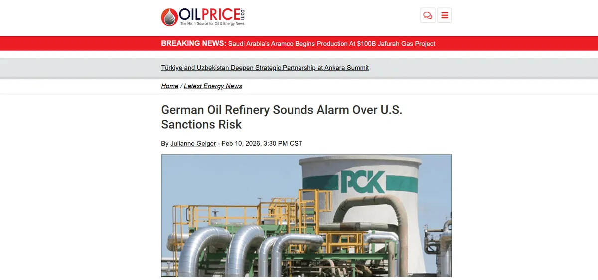News article on German oil refinery reacting to U.S. sanctions risk