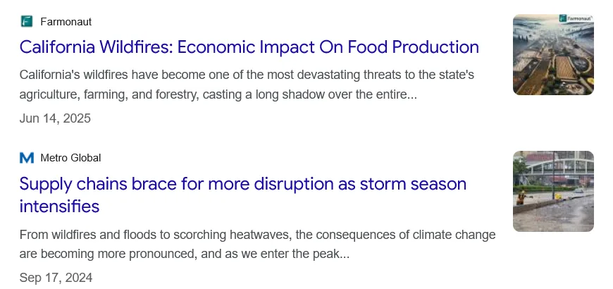 News headlines linking wildfires and storms to supply chain disruption
