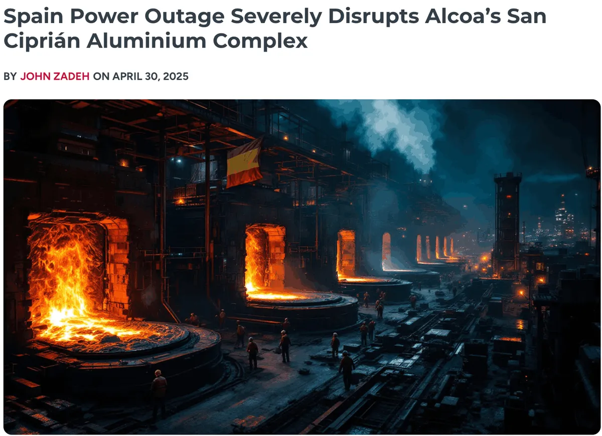 Spain Power Outage Severely Disrupts Alcoa’s San Ciprián Aluminium Complex news article headline