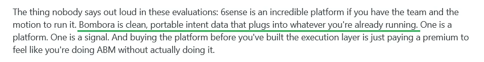 Reddit comment comparing 6sense and Bombora intent data platforms
