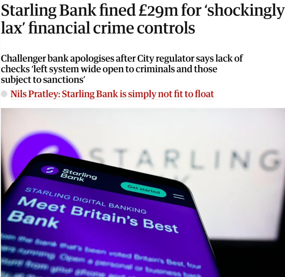 FCA fines Starling Bank £29m for failings in their financial crime systems and controls news article headline