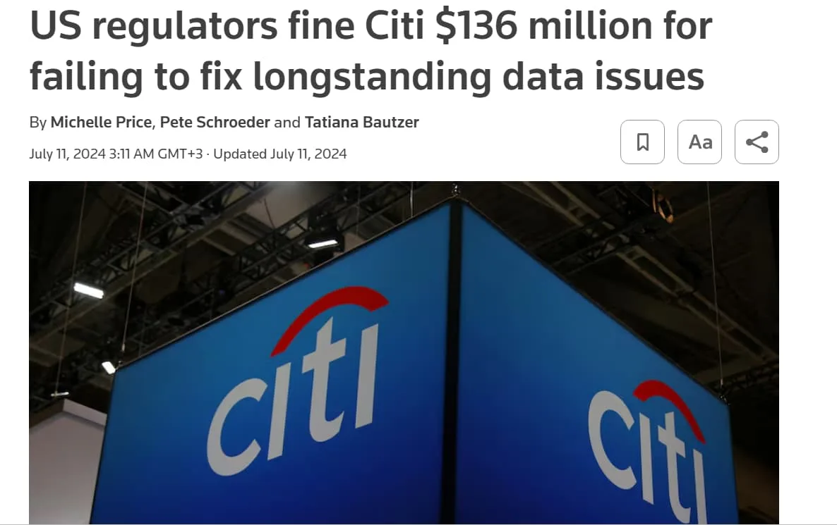 US regulators fine Citi $136 million for failing to fix longstanding data issues news article headline