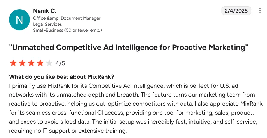 Customer review on G2 of MixRank highlighting