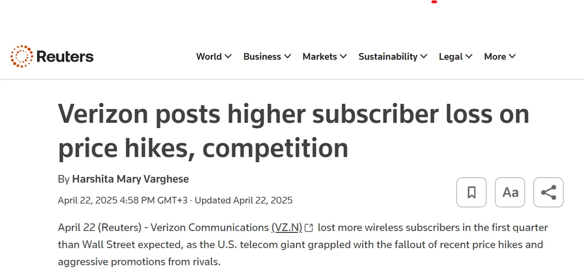 Verizon posts higher subscriber loss on price hikes, competition article headline