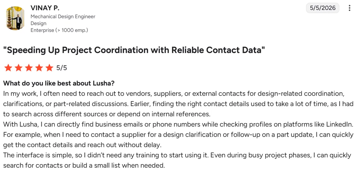 Customer review on G2 highlighting fast access to business contact data