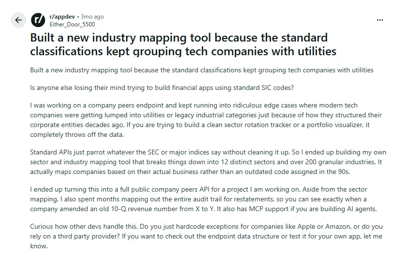 Reddit post about an industry mapping tool built to fix inaccurate standard classifications