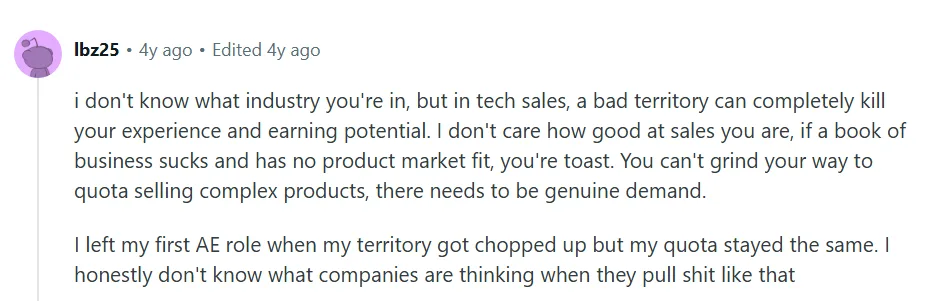 Reddit comment describing how a bad sales territory can limit quota attainment and earning potential