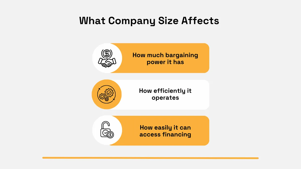 Infographic showing how company size can affect bargaining power, operating efficiency, and access to financing