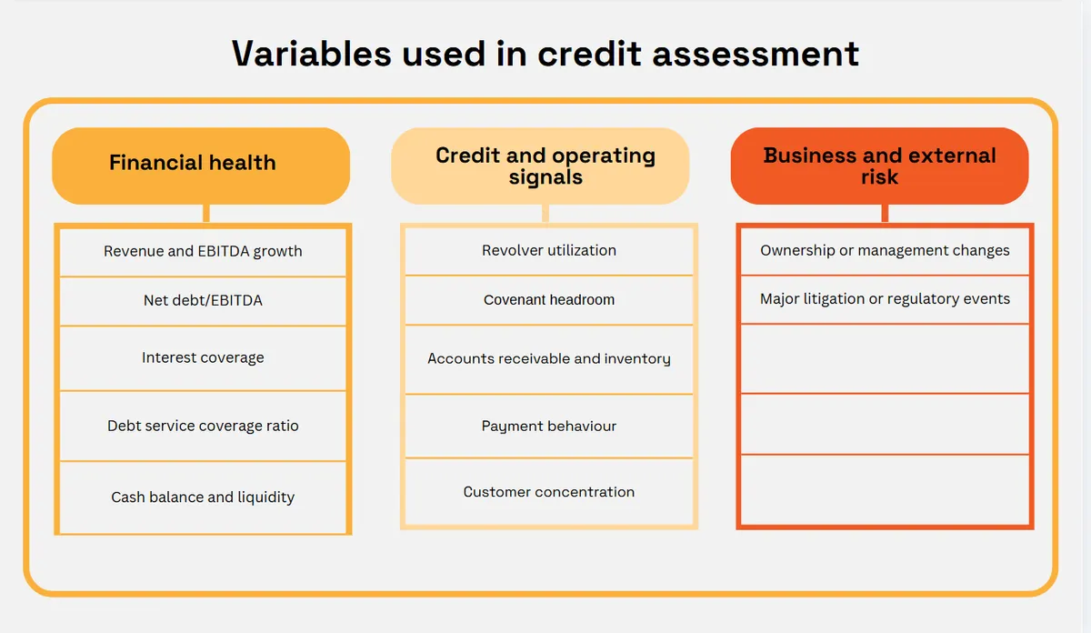 Variables used in credit assessment infographic grouping credit risk indicators into financial health, credit and operating signals, and business and external risk. Examples include revenue and EBITDA growth, leverage, interest coverage, liquidity, revolver utilization, covenant headroom, payment behaviour, customer concentration, management changes, and litigation or regulatory events