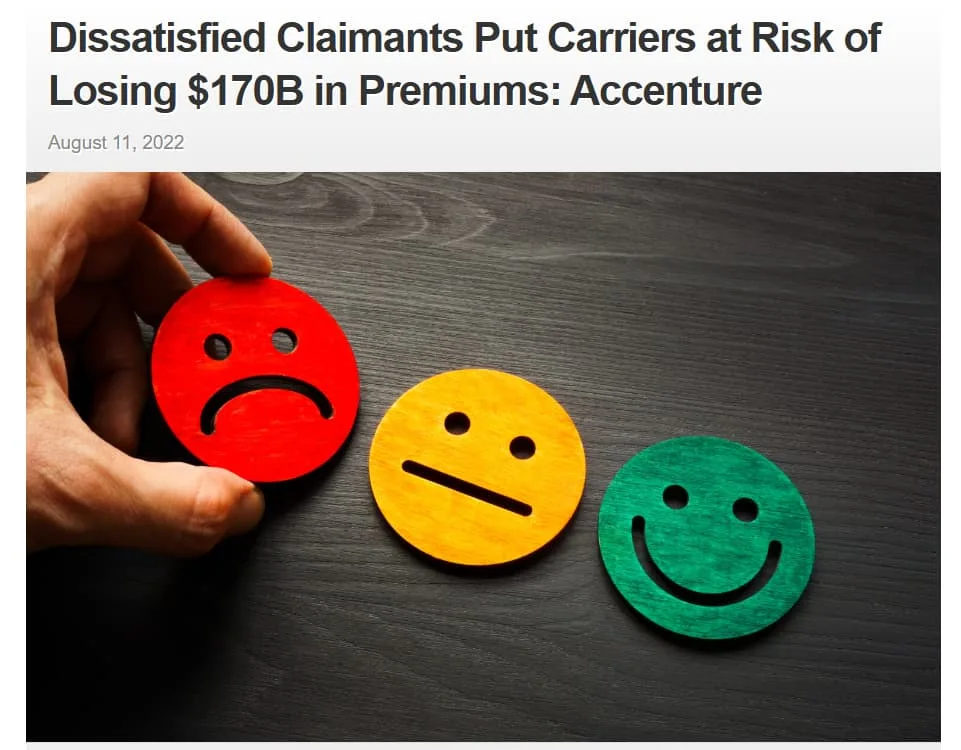 Three customer satisfaction icons showing unhappy, neutral, and happy claimants, illustrating insurers’ risk of losing premiums due to dissatisfaction