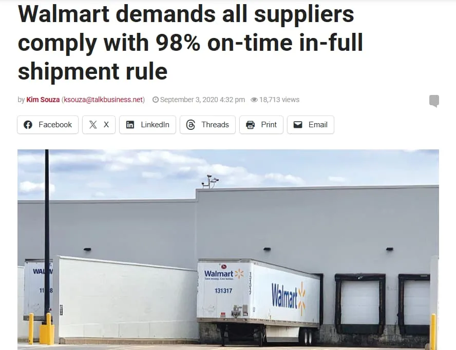 Walmart article about the 98% on-time, in-full shipment rule for suppliers